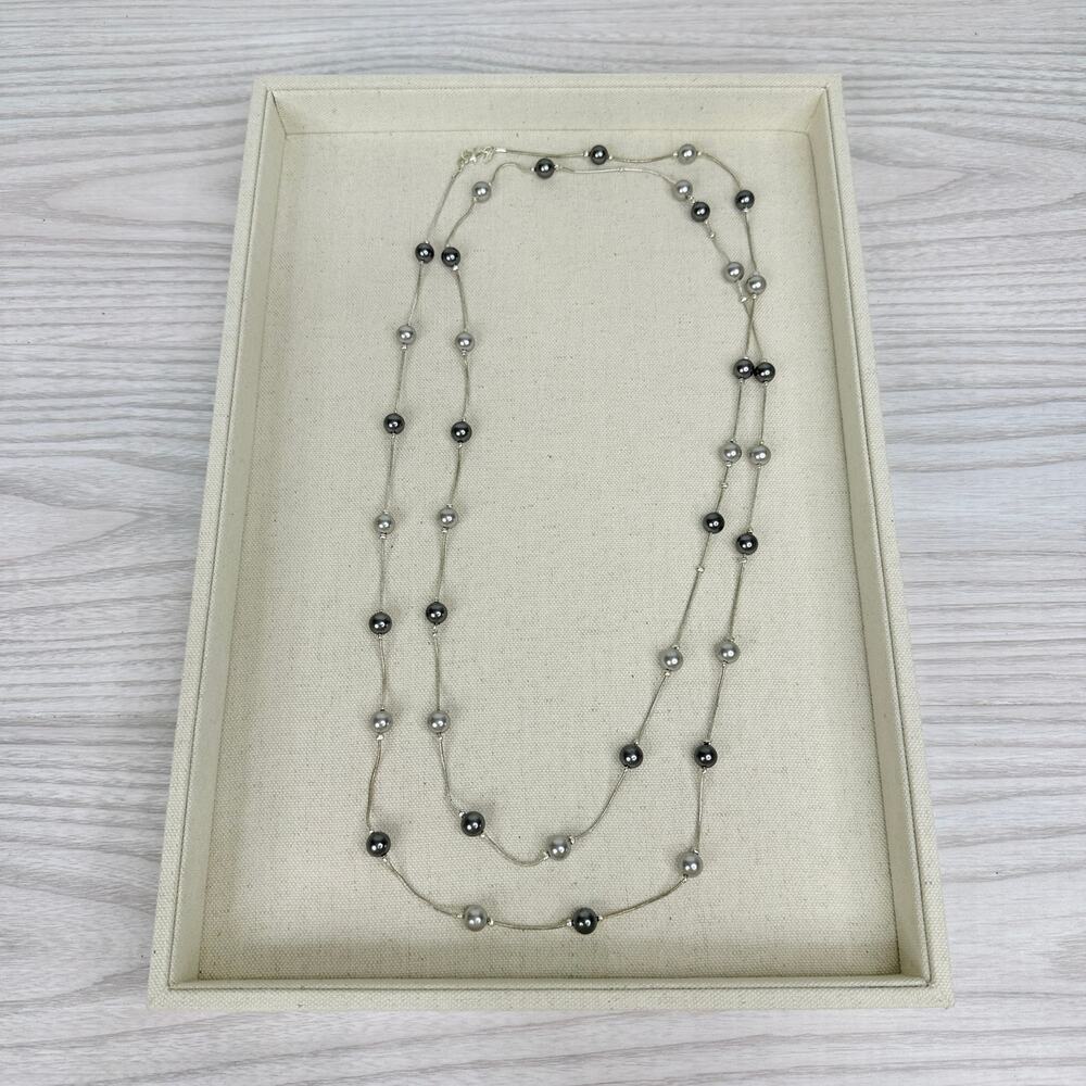 Light and Dark Gray Beaded Necklace 30" Long Silver Tone Lobster Clasp Fashion